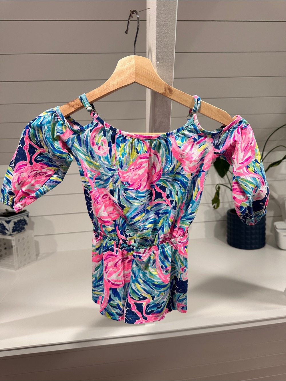 Lilly Pulitzer Pink Blue Green Floral Flamingo Off-Shoulder Kids romper